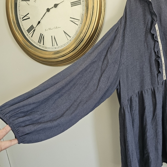 Chambray Eyelet Lace Ruggle Boho Loose Fit Peasant Blouse Western Rodeo Rayon - Picture 6 of 7